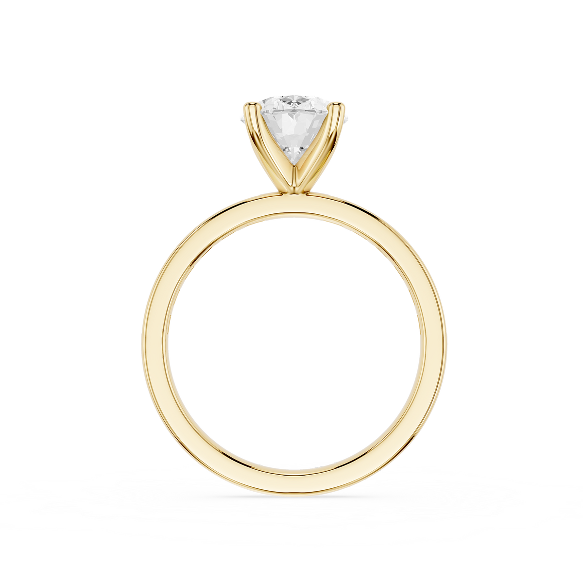 A yellow gold solitaire engagement ring featuring a Oval Cut Channel Set Baguette Lab Diamond Engagement Ring