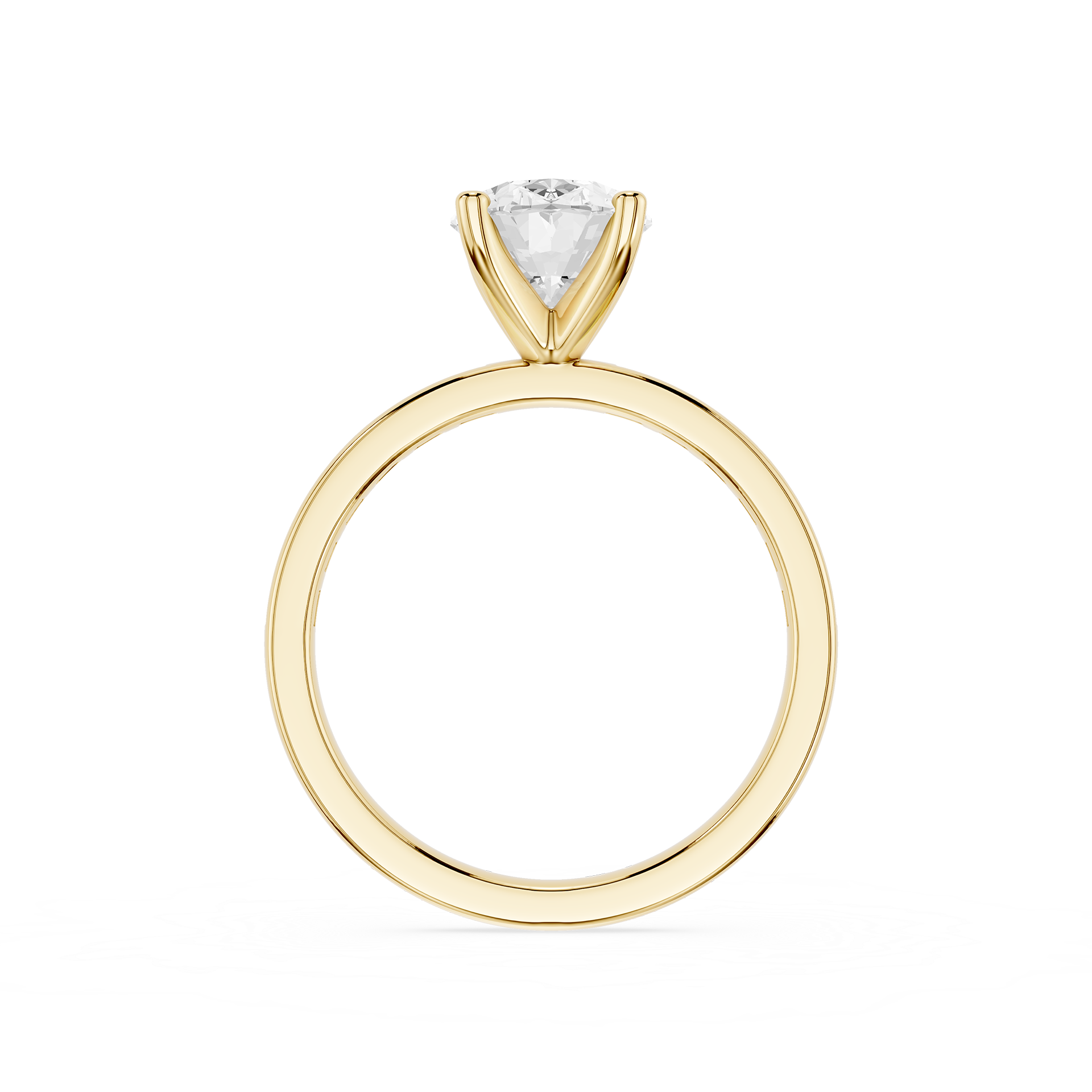 A yellow gold solitaire engagement ring featuring a triangular-cut clear gemstone in a prong setting, shown against a plain white background.