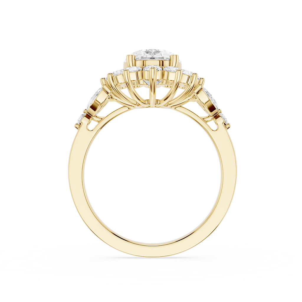 A yellow gold ring with a large round diamond center stone and smaller diamonds set along the shoulders, shown on a plain white background.
