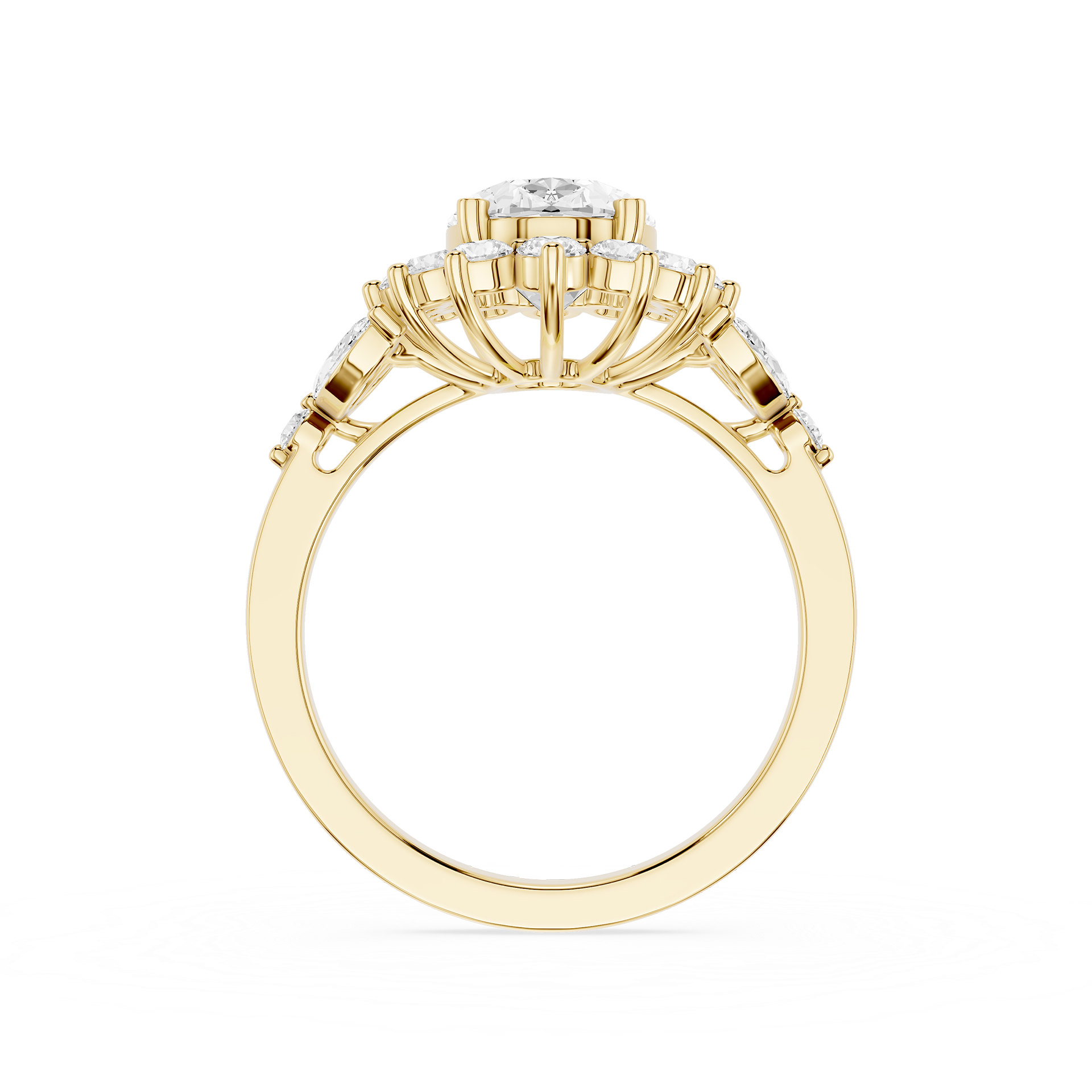 A yellow gold ring with a large round diamond center stone and smaller diamonds set along the shoulders, shown on a plain white background.