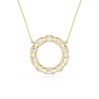 Gold necklace with a circular pendant featuring clear stones on a white background