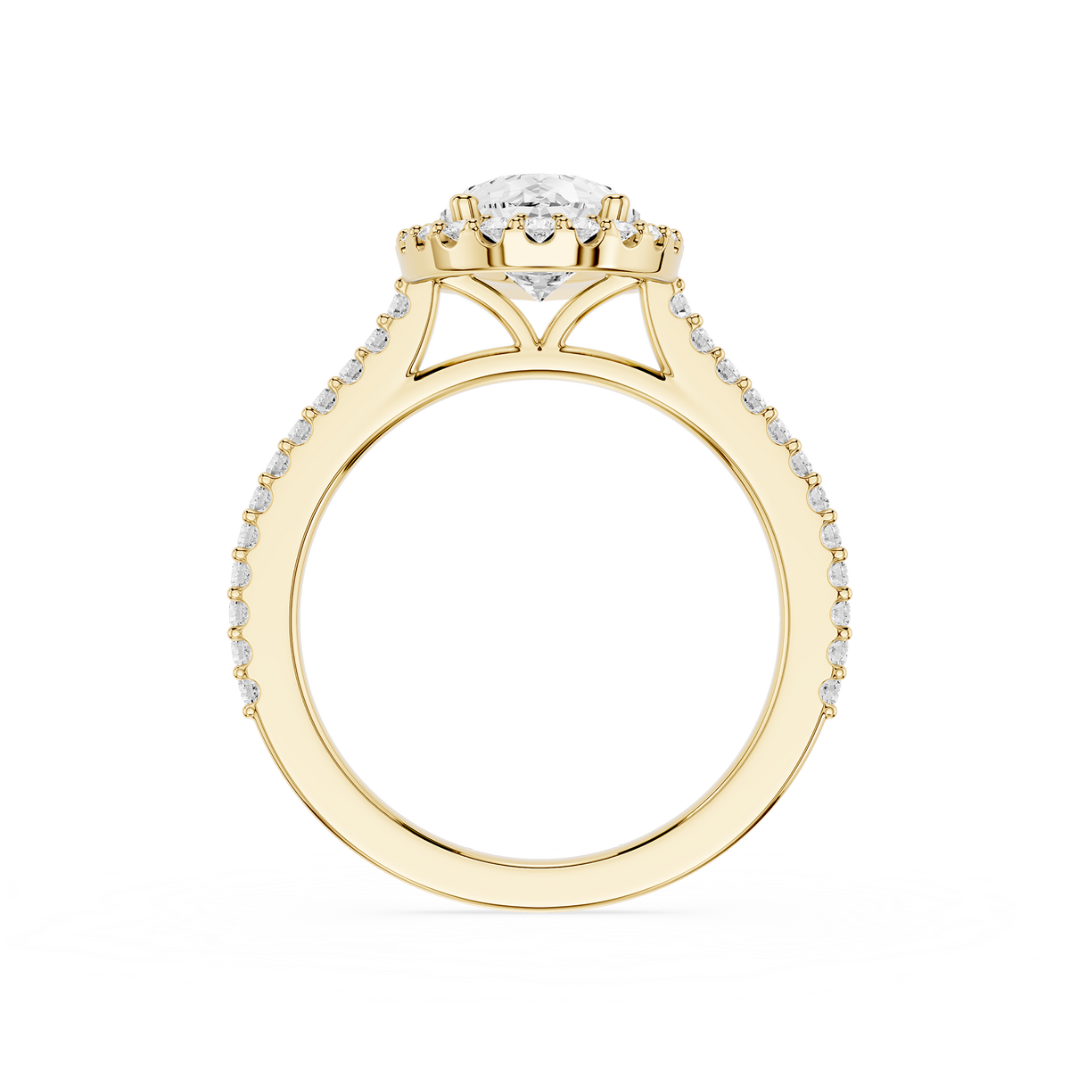 Back View Of Yellow Gold Pear Cut Lab Grown Diamond French Pave Halo Engagement Ring