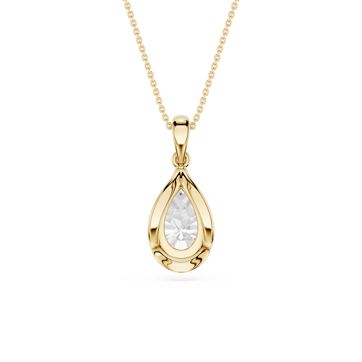 Gold teardrop-shaped pendant necklace on a white background