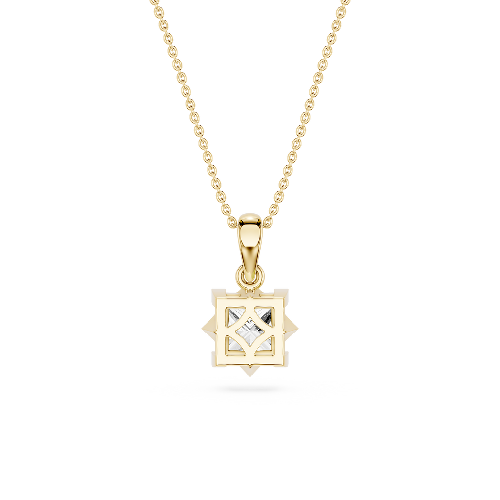 Gold necklace with a geometric pendant on a white background