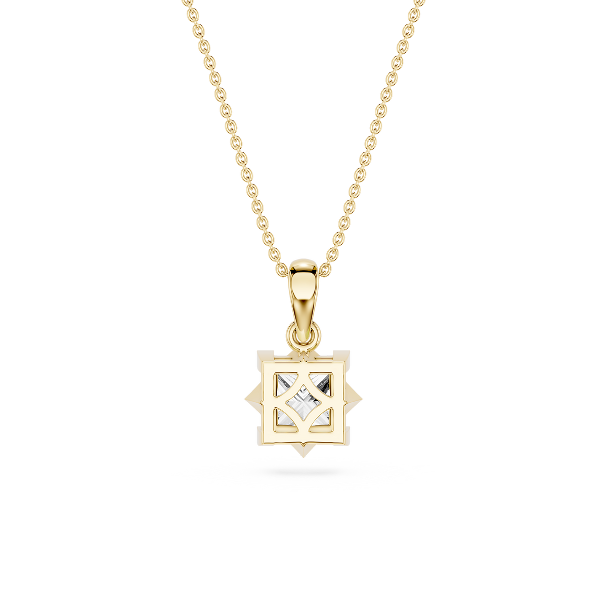 Gold necklace with a geometric pendant on a white background