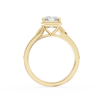 Vintage inspired radiant cut lab diamond engagement ring showcasing a decorative yellow gold split shank and milgrain edges