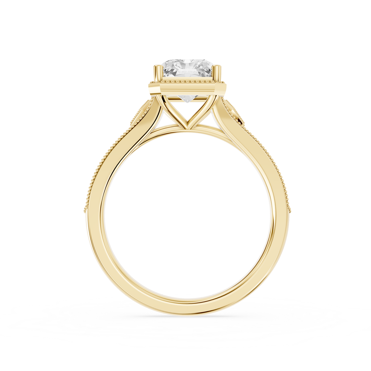 Vintage inspired radiant cut lab diamond engagement ring showcasing a decorative yellow gold split shank and milgrain edges