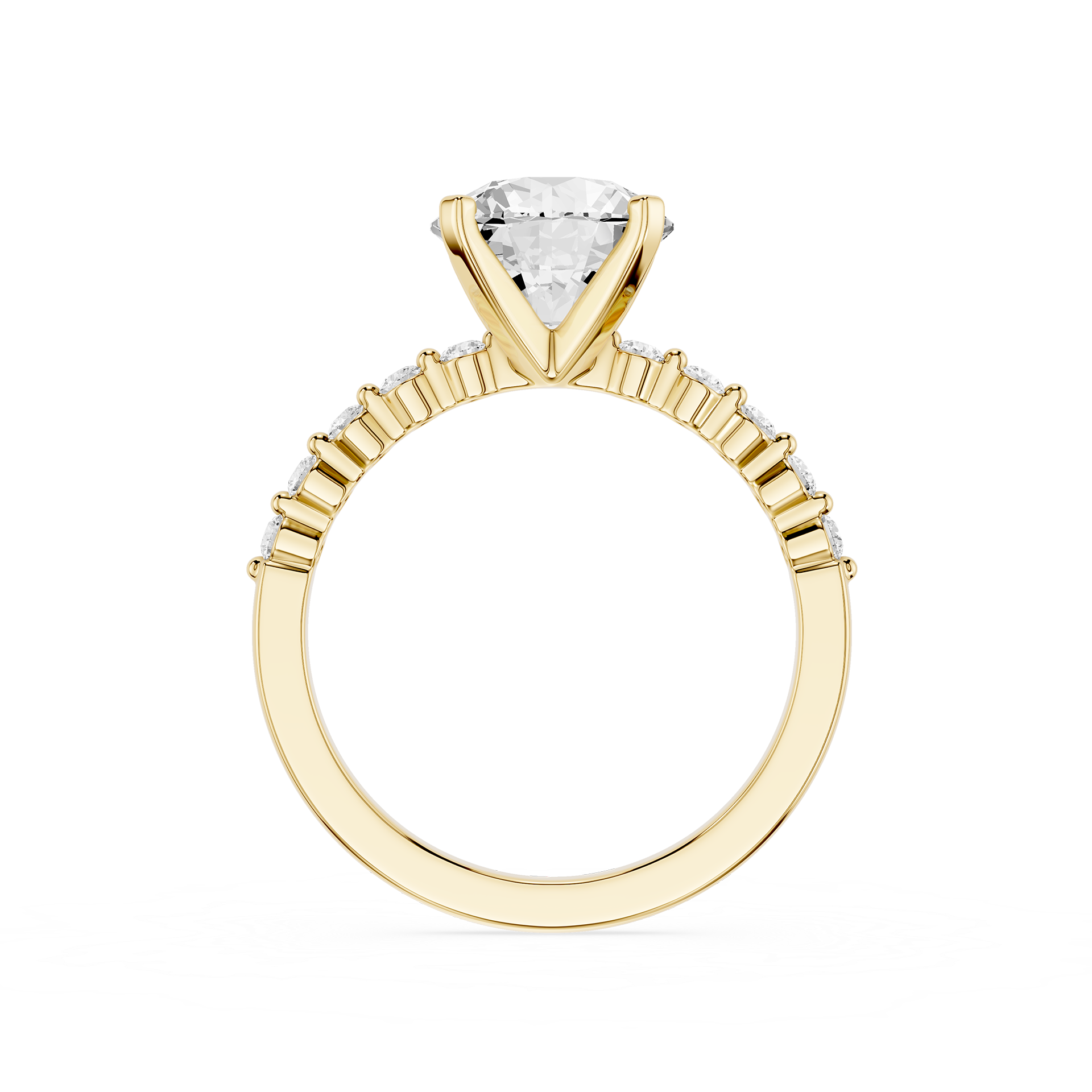A yellow gold solitaire engagement ring featuring a triangular-cut diamond center stone and a halo of smaller diamonds along the shoulders, set against a plain white background.
