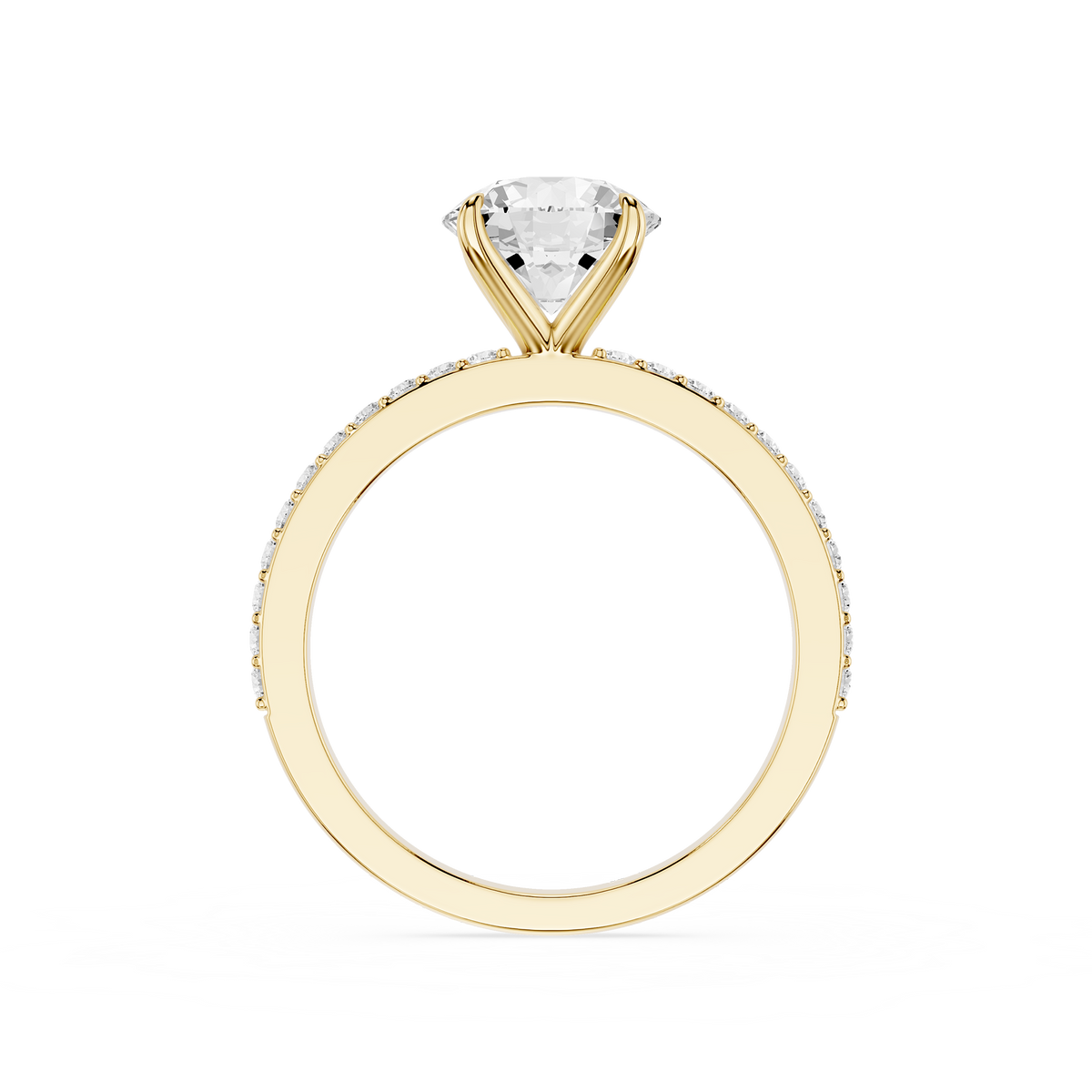 A yellow gold solitaire engagement ring featuring a round brilliant-cut diamond center stone and a pavé band with small diamonds, shown on a plain white background.