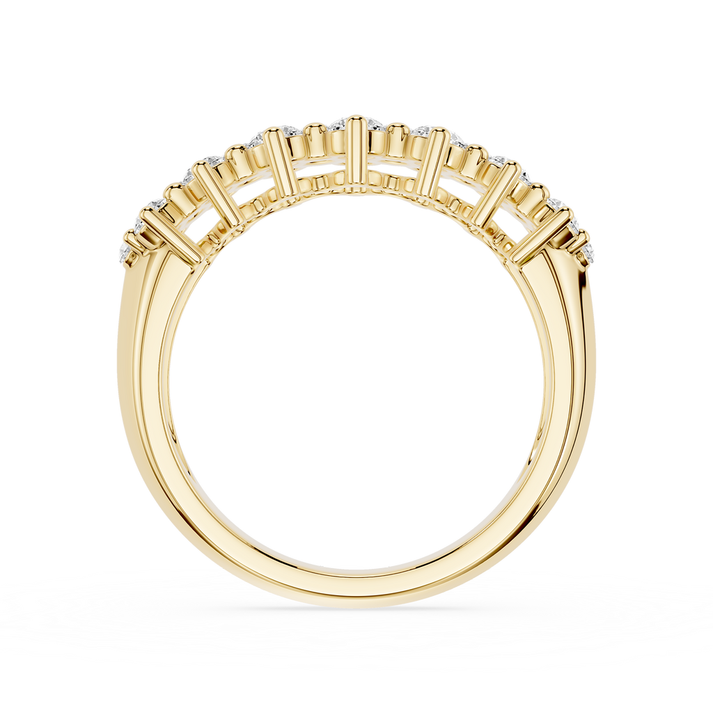 A yellow gold ring with a row of small clear gemstones set in a curved, fan-like arrangement on the band, shown against a plain white background.