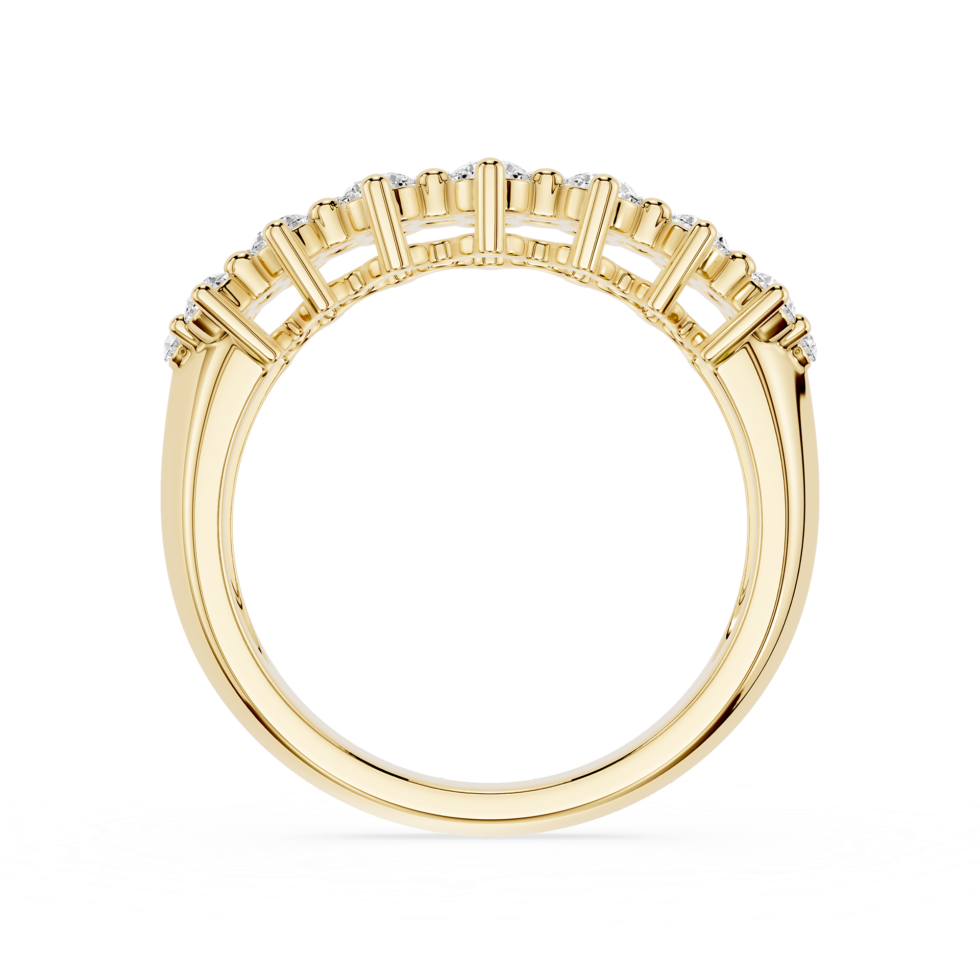 A yellow gold ring with a row of small clear gemstones set in a curved, fan-like arrangement on the band, shown against a plain white background.