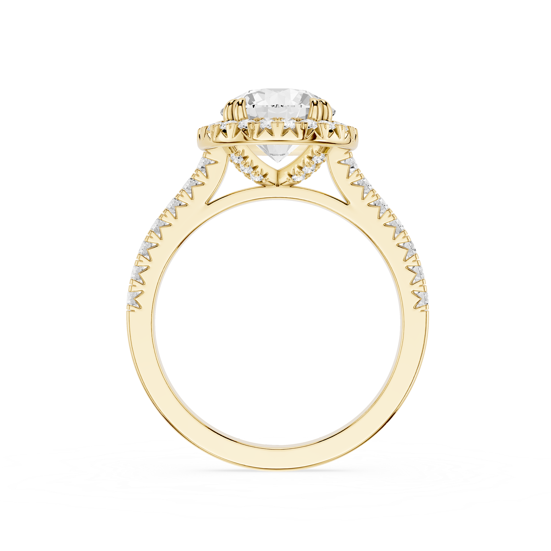 A yellow gold ring with a heart-shaped clear gemstone in a halo setting, accented by small pavé diamonds along the shoulders, shown on a plain white background.