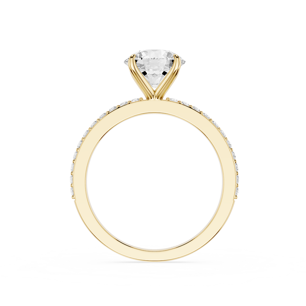 A yellow gold solitaire engagement ring featuring a round brilliant-cut diamond center stone and a pavé band with small diamonds, shown on a plain white background.