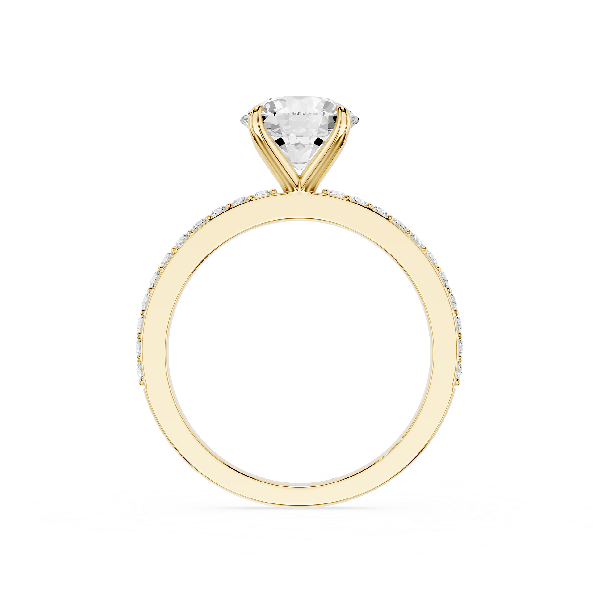 A yellow gold solitaire engagement ring featuring a round brilliant-cut diamond center stone and a pavé band with small diamonds, shown on a plain white background.