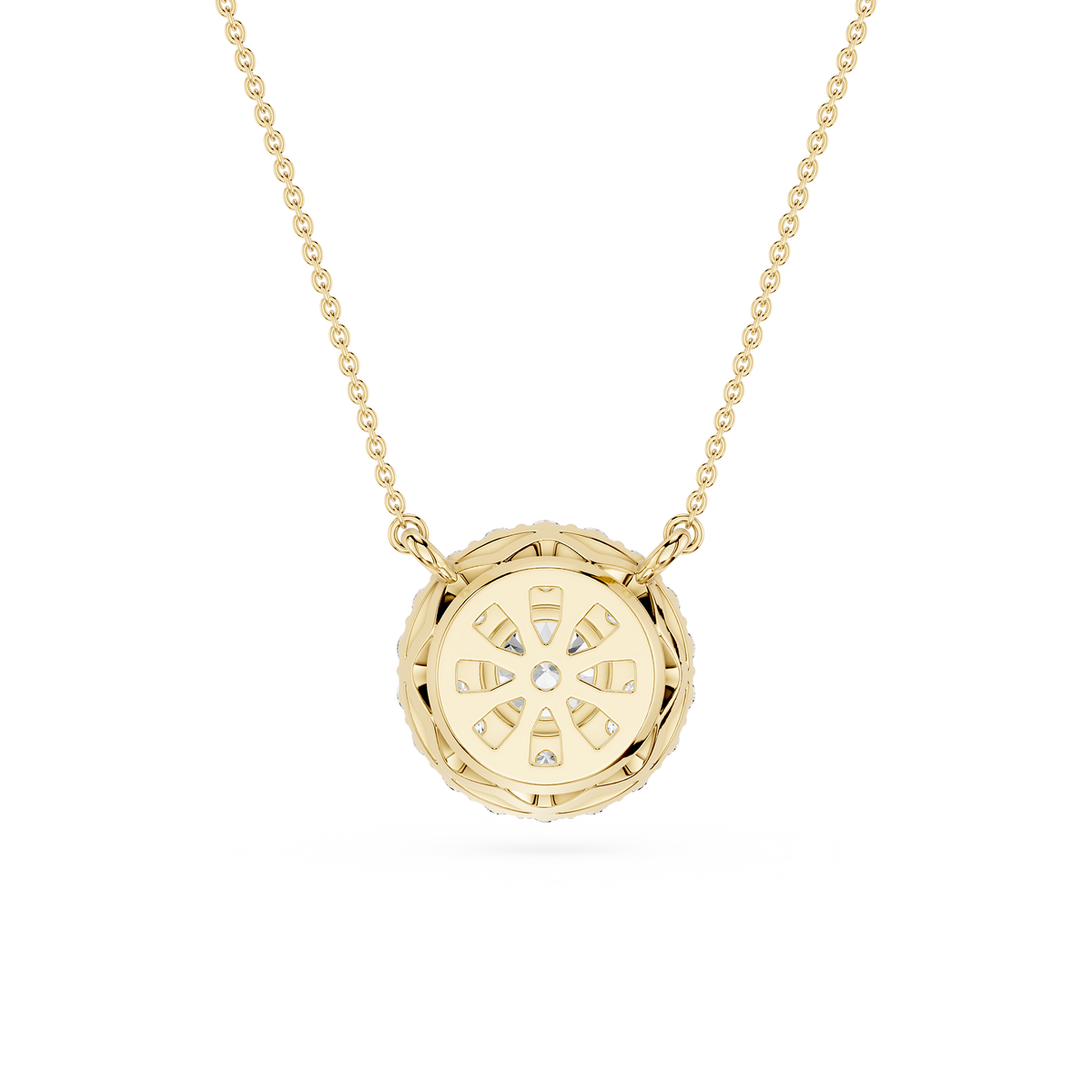 Gold necklace with a round pendant on a white background