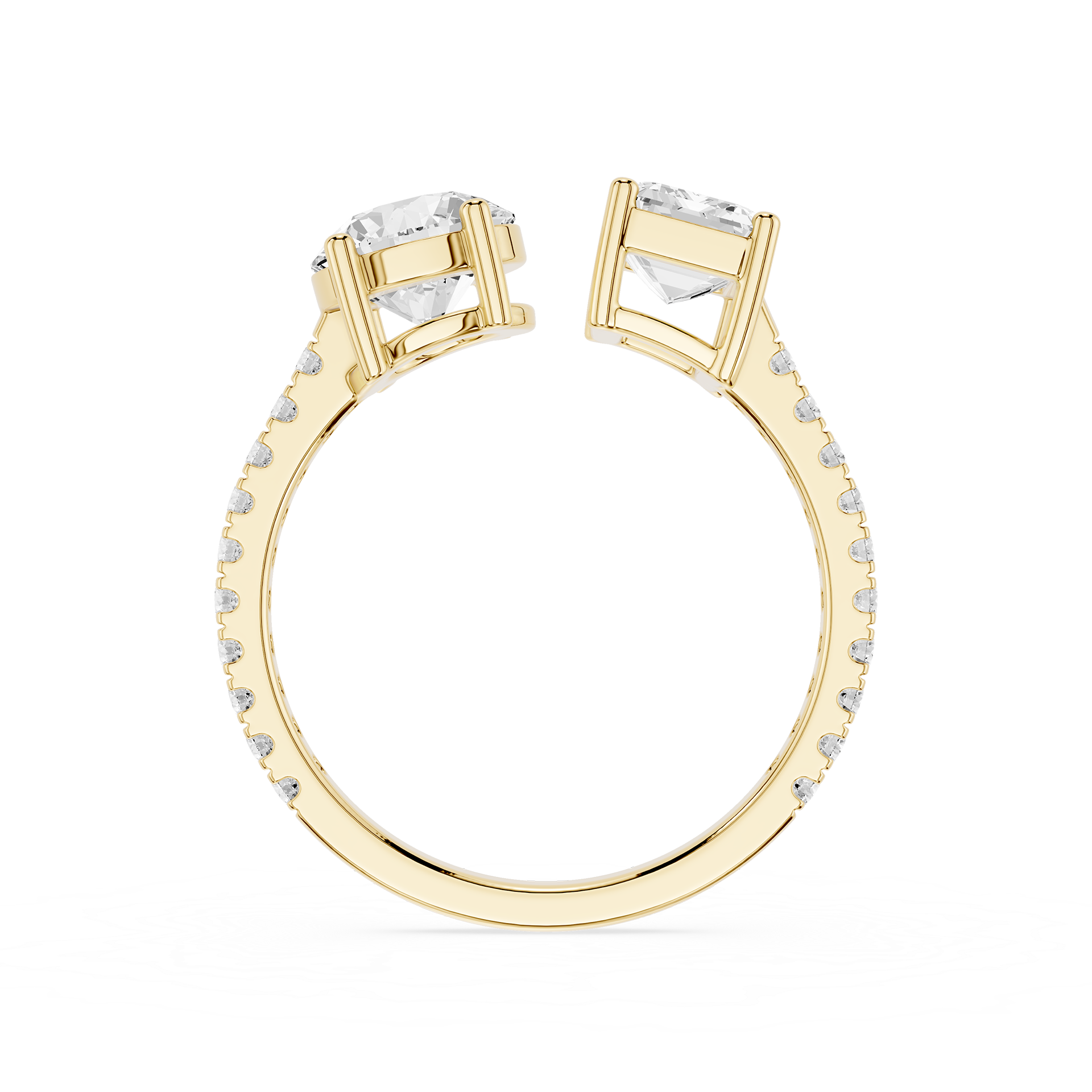 A gold ring with two large clear rectangular-cut center stones and a channel-set row of small clear stones along the band, shown on a plain white background.