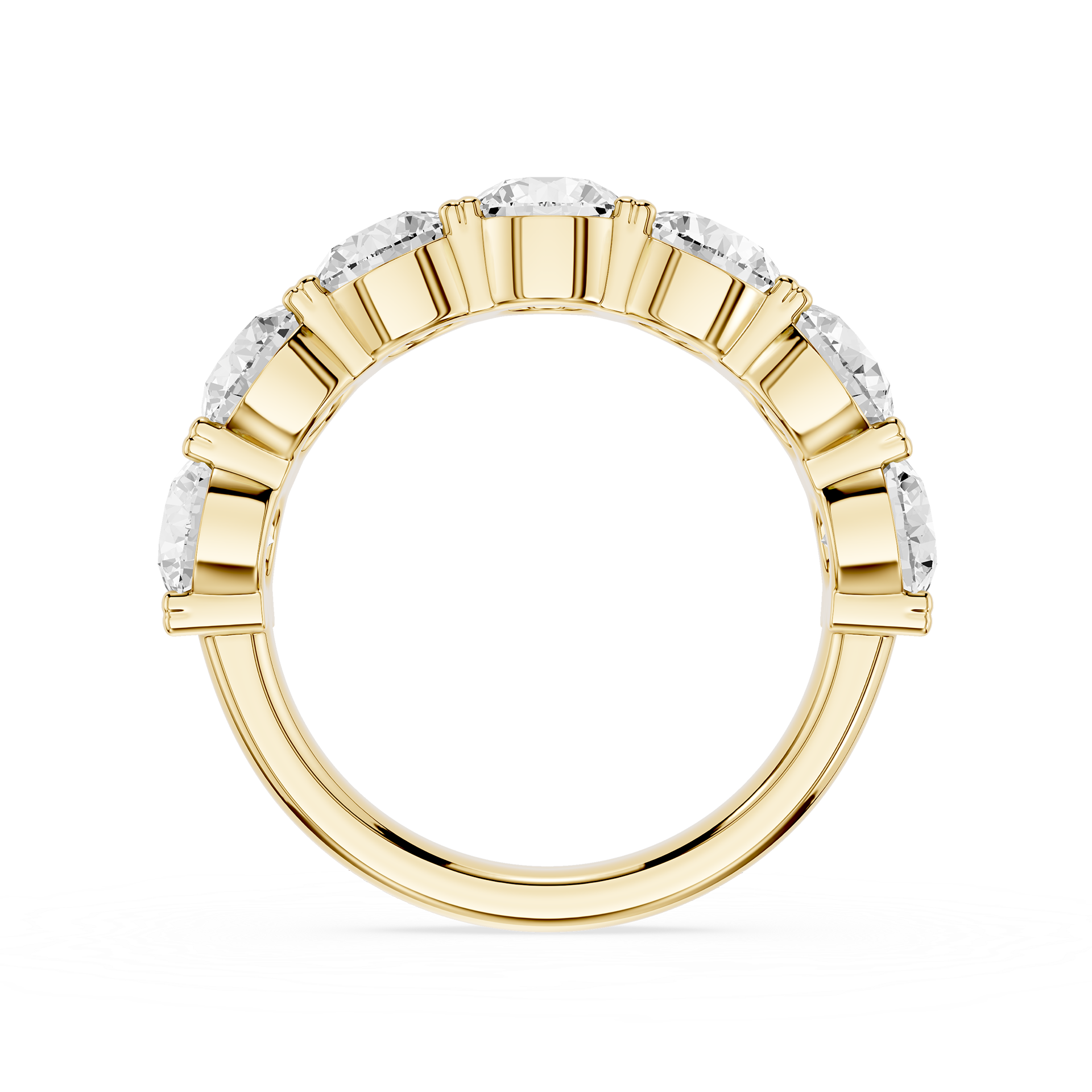 A yellow gold eternity ring featuring a continuous row of round brilliant-cut diamonds in a beveled setting, shown against a solid white background.
