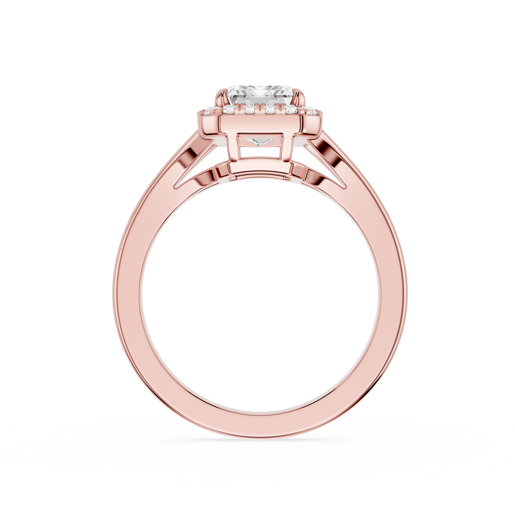 Rose gold ring with a diamond on a white background