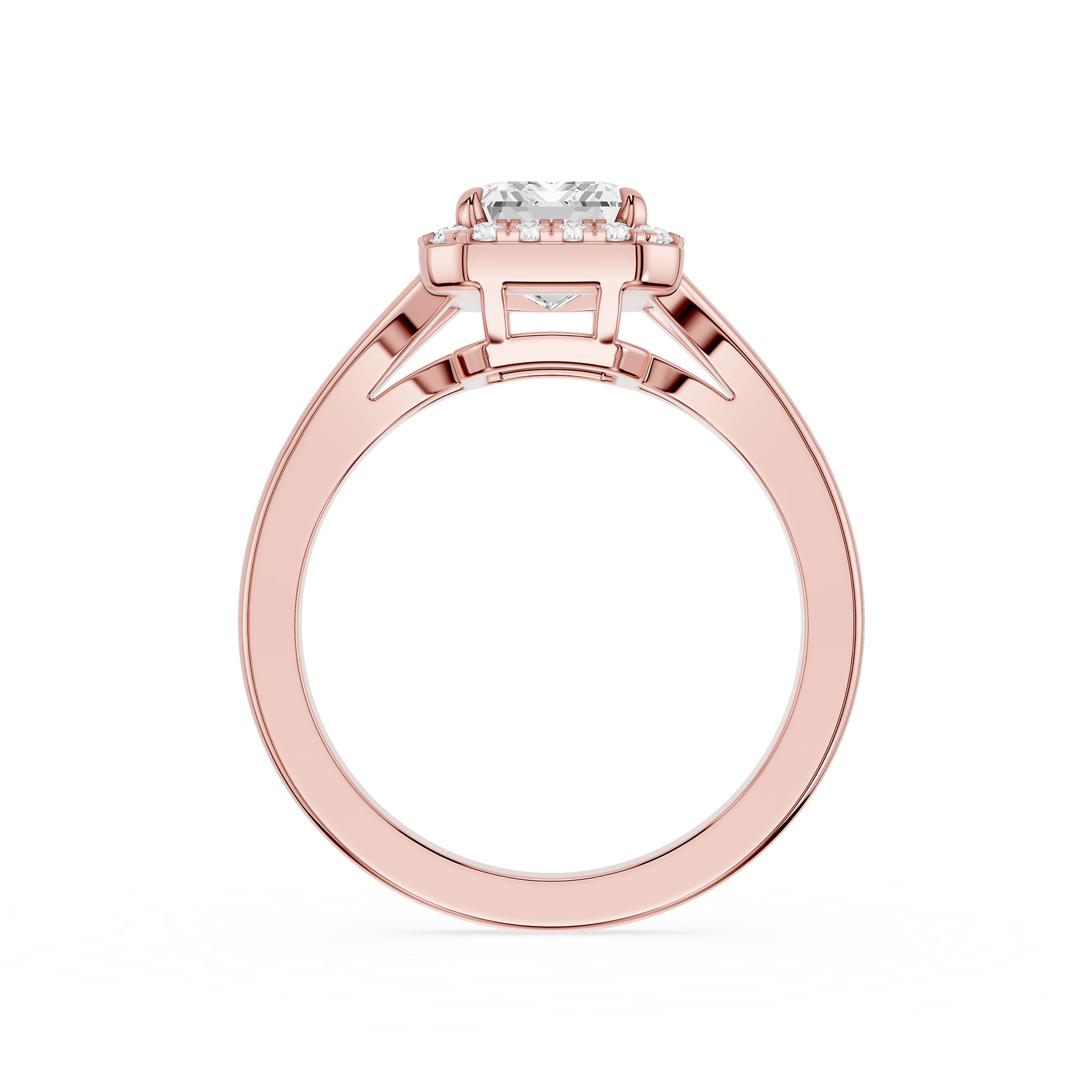 Rose gold ring with a diamond on a white background