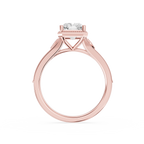 Geometric openwork and beaded borders frame this rose gold radiant cut lab diamond ring with a four prong center stone