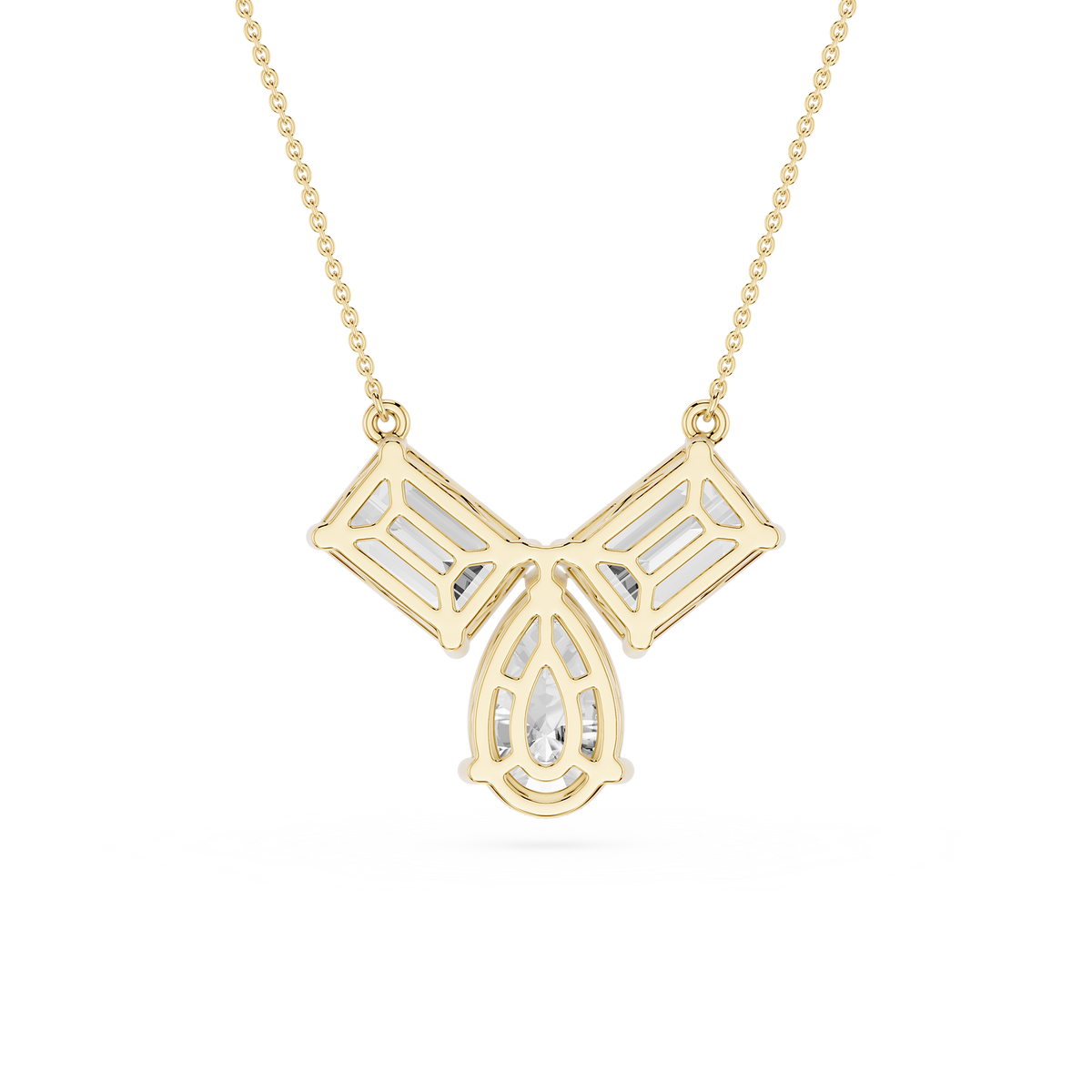 Gold necklace with a geometric pendant on a white background