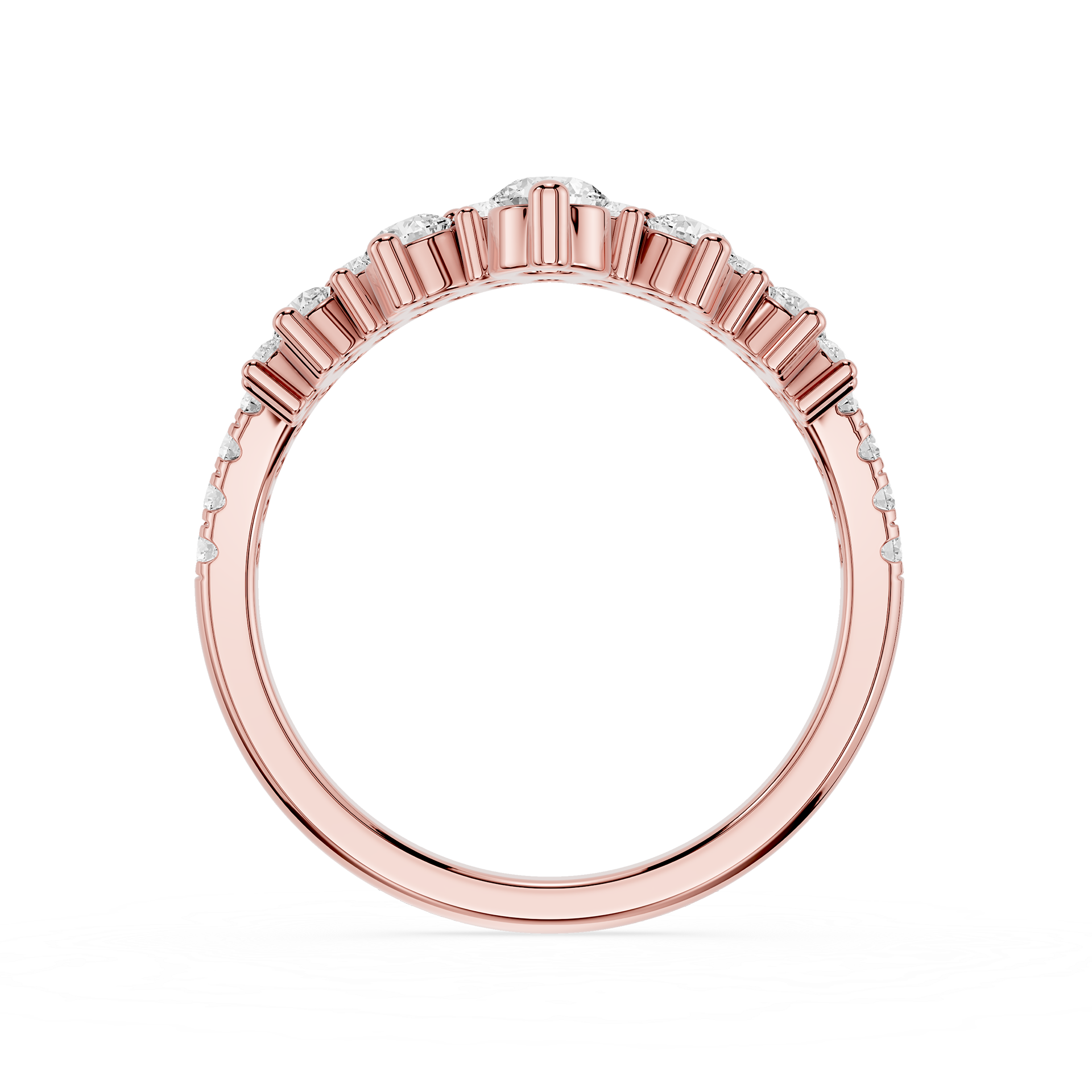 Rose gold ring with diamond accents on a white background