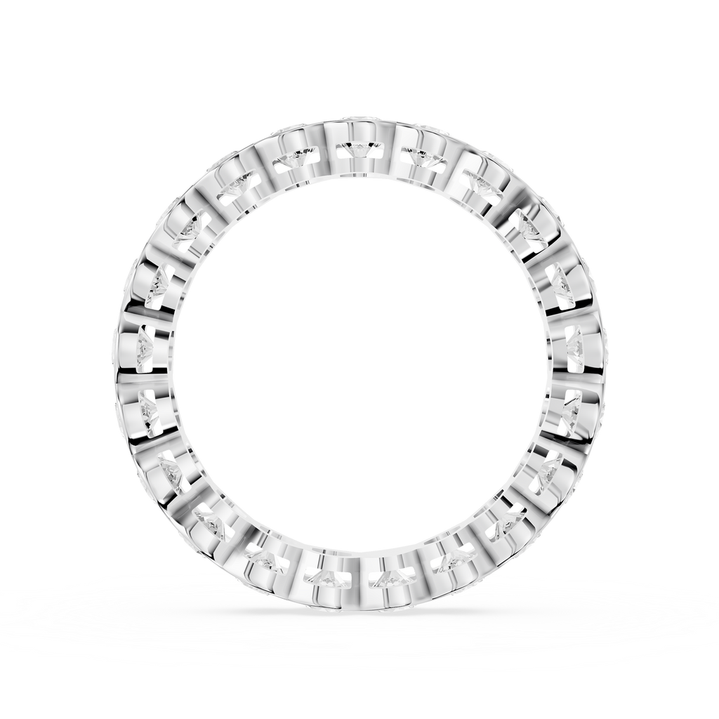 Curved white gold bezels surround each round lab diamond on this full eternity band with a scalloped profile