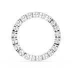 Curved white gold bezels surround each round lab diamond on this full eternity band with a scalloped profile