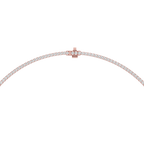 Rose gold round lab-grown diamond tennis necklace featuring a classic graduated curve and prong-set round diamonds arranged in a continuous strand.