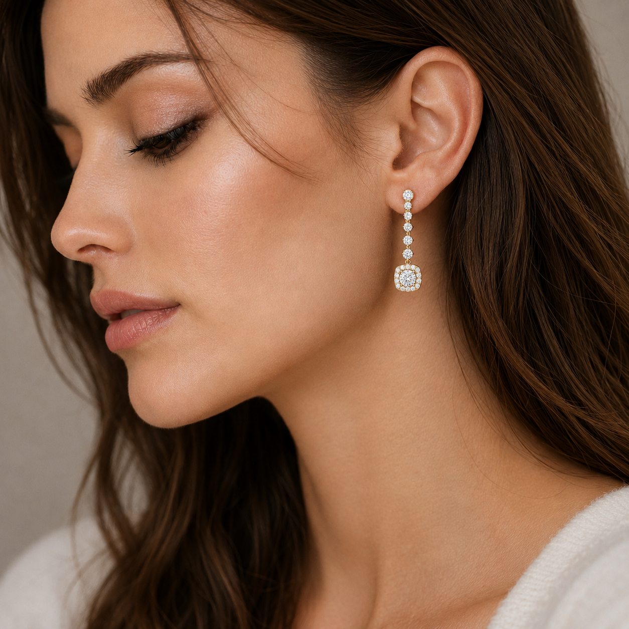 Cushion Halo Lab Grown Diamond Linear Drop Earrings