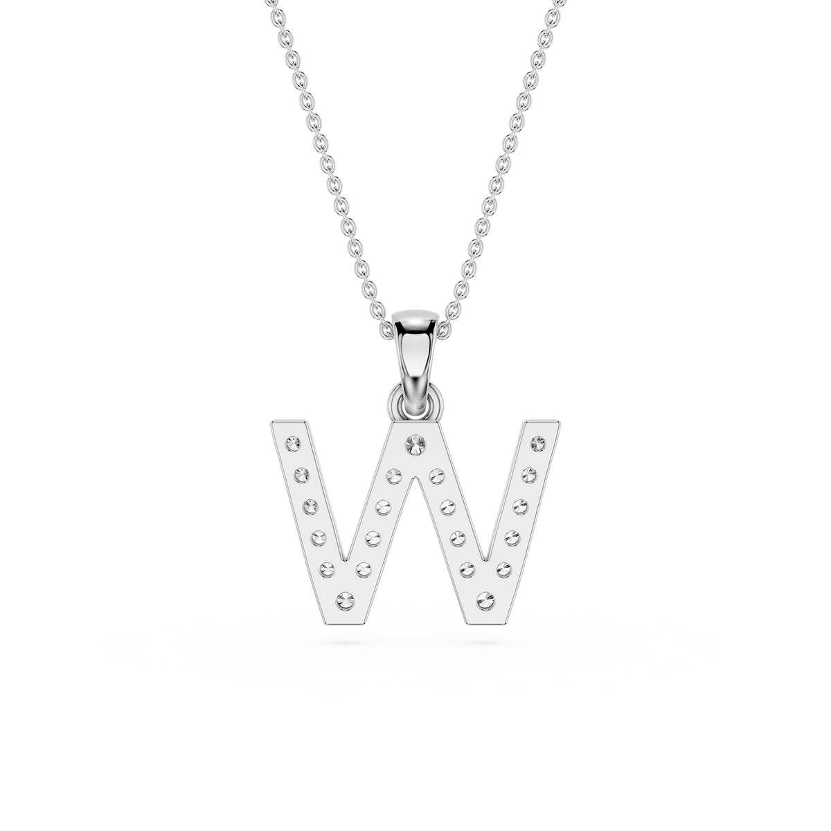 Silver necklace with a letter 'W' pendant on a white background