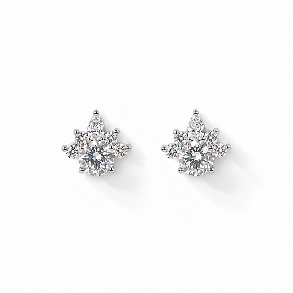 18K Gold Round Lab Diamond Cluster Stud Earrings
