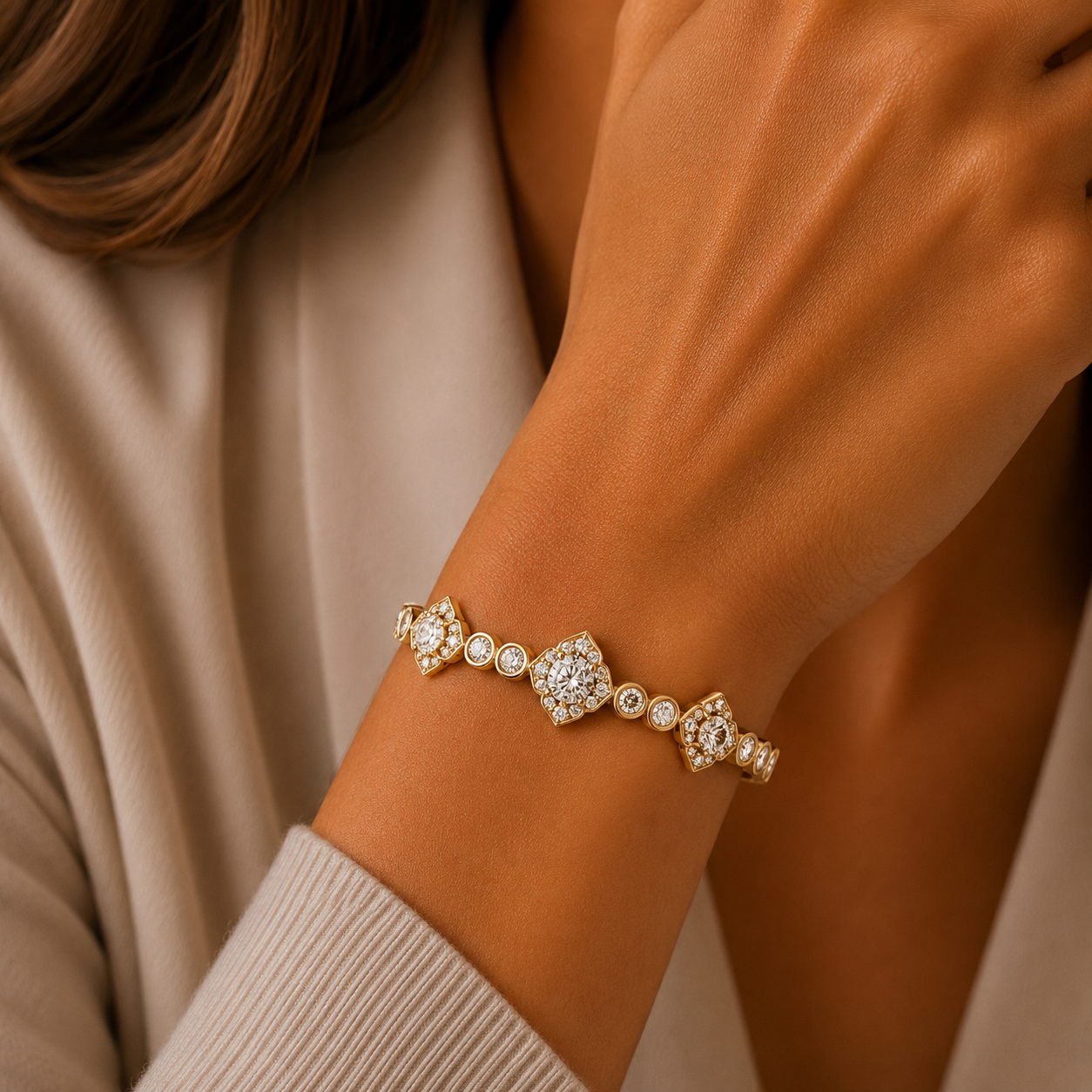 Lab Grown Diamond Halo Station Bangle Bracelet