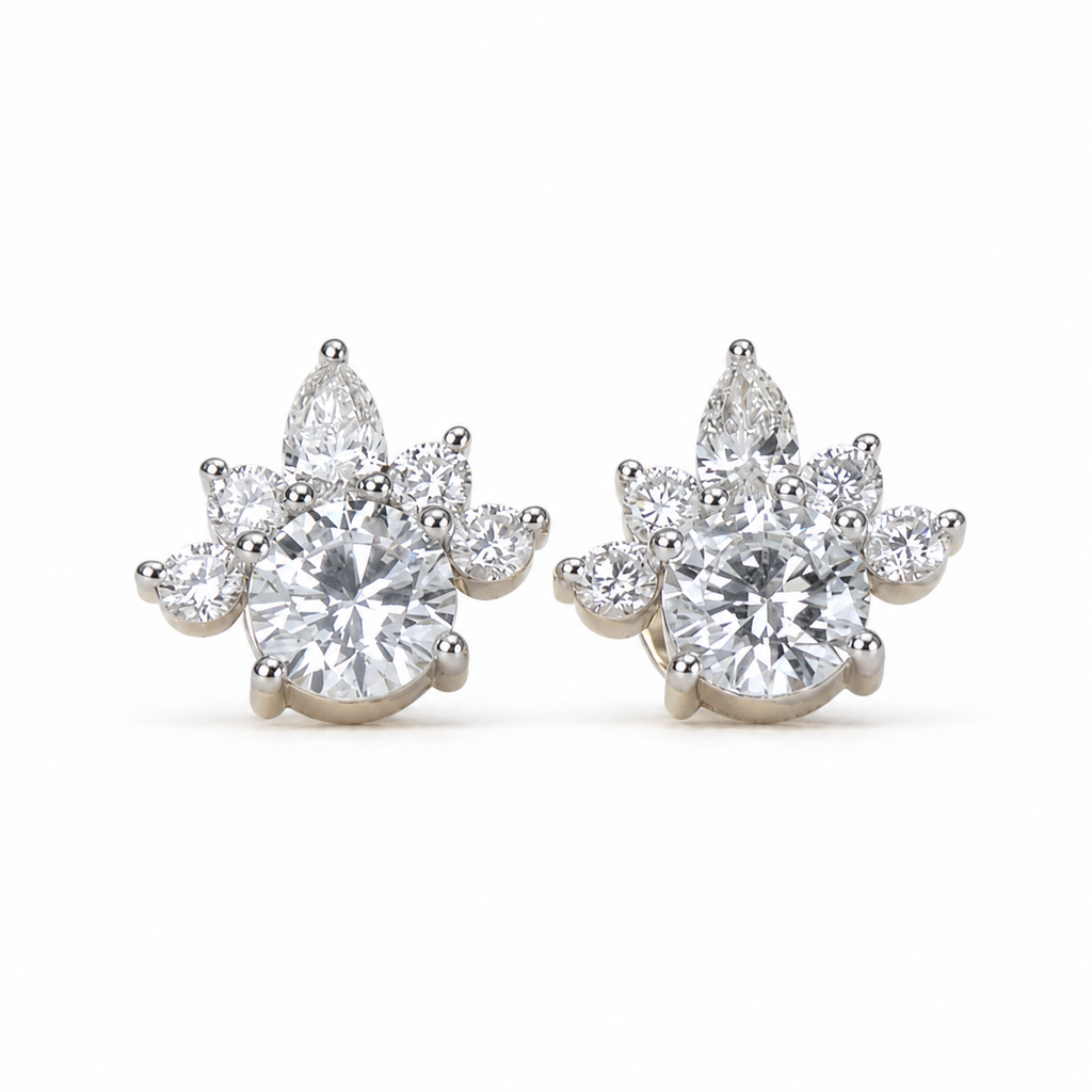 18K Gold Round Lab Diamond Cluster Stud Earrings