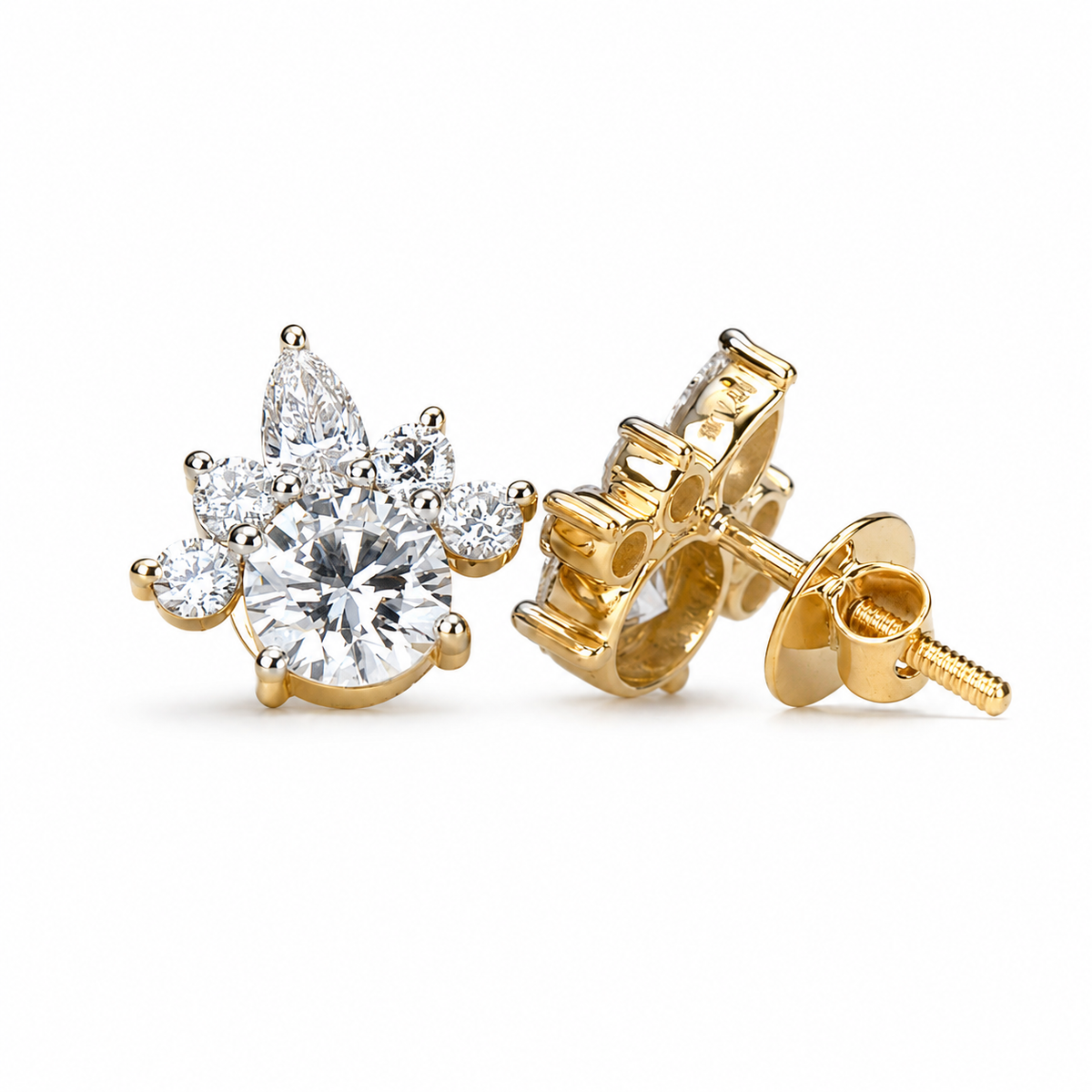 18K Gold Round Lab Diamond Cluster Stud Earrings