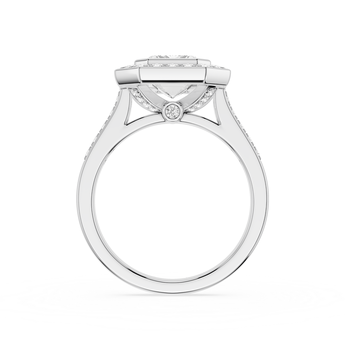 Back View Of White Gold Emerald Cut Bezel Hidden Halo Lab Diamond Engagement Ring