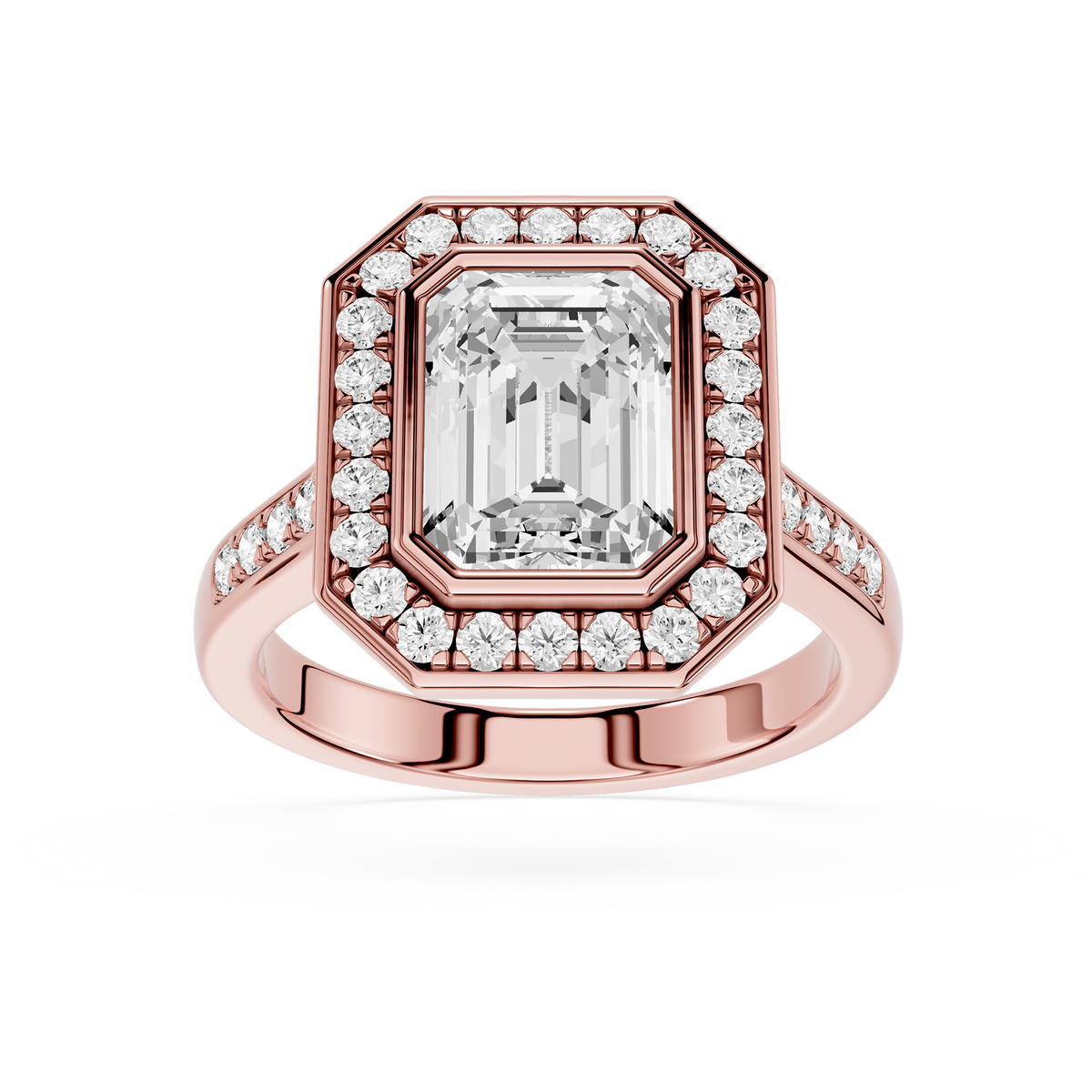 Rose Gold Emerald Cut Bezel Hidden Halo Lab Diamond Engagement Ring