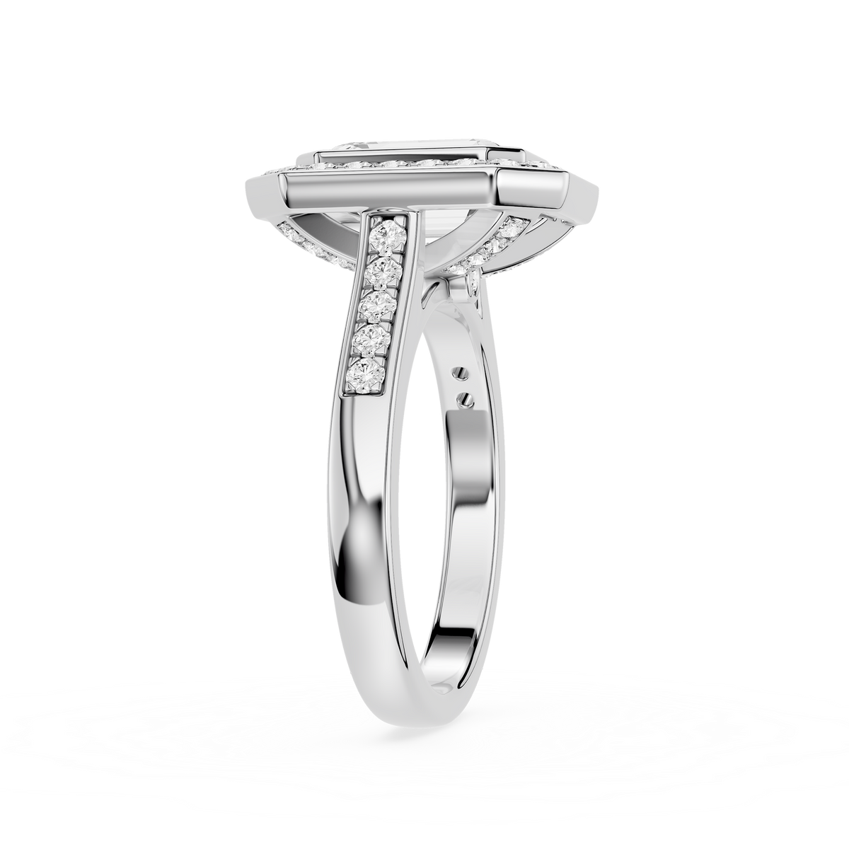 Side View Of White Gold Emerald Cut Bezel Hidden Halo Lab Diamond Engagement Ring