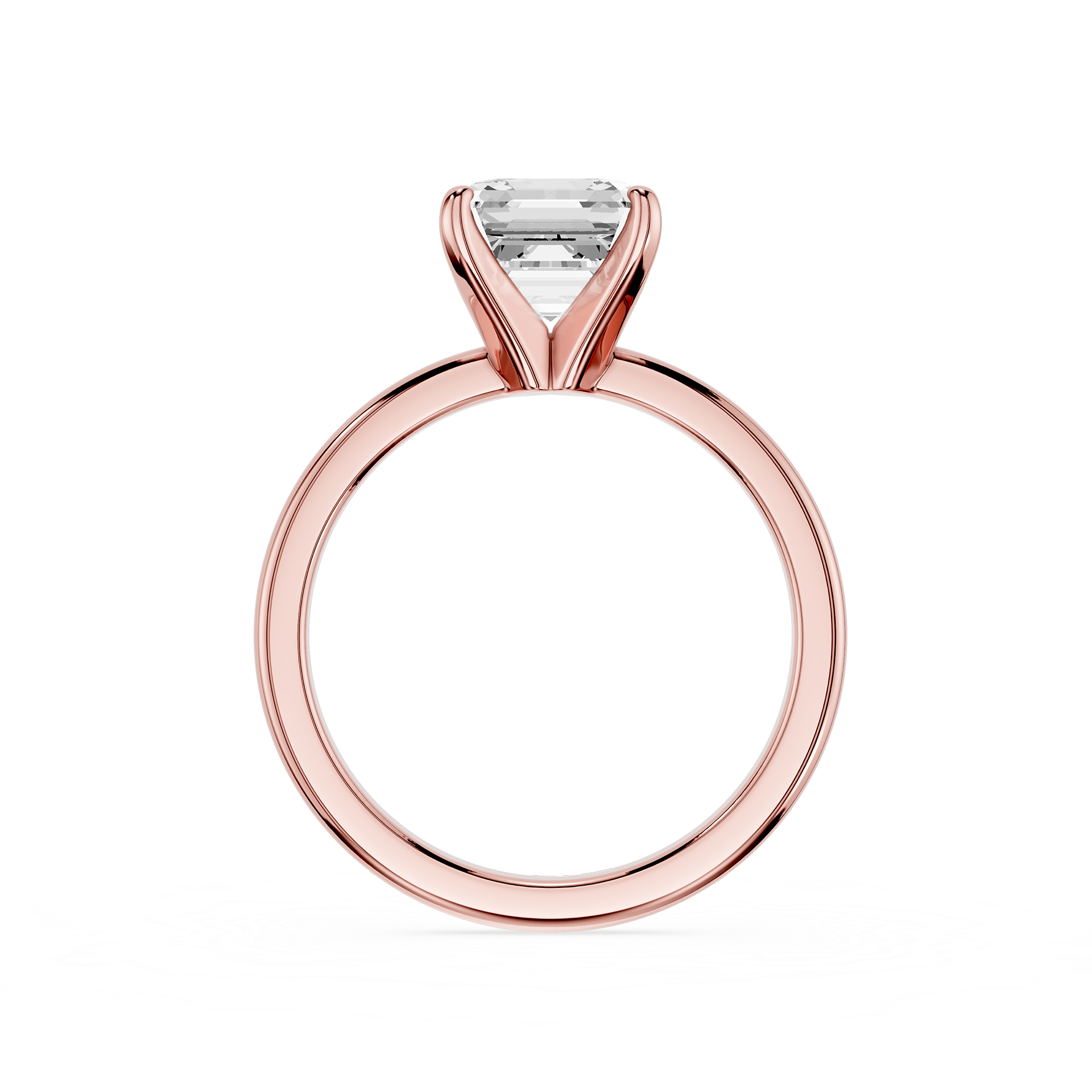Rose gold ring with a clear gemstone on a white background