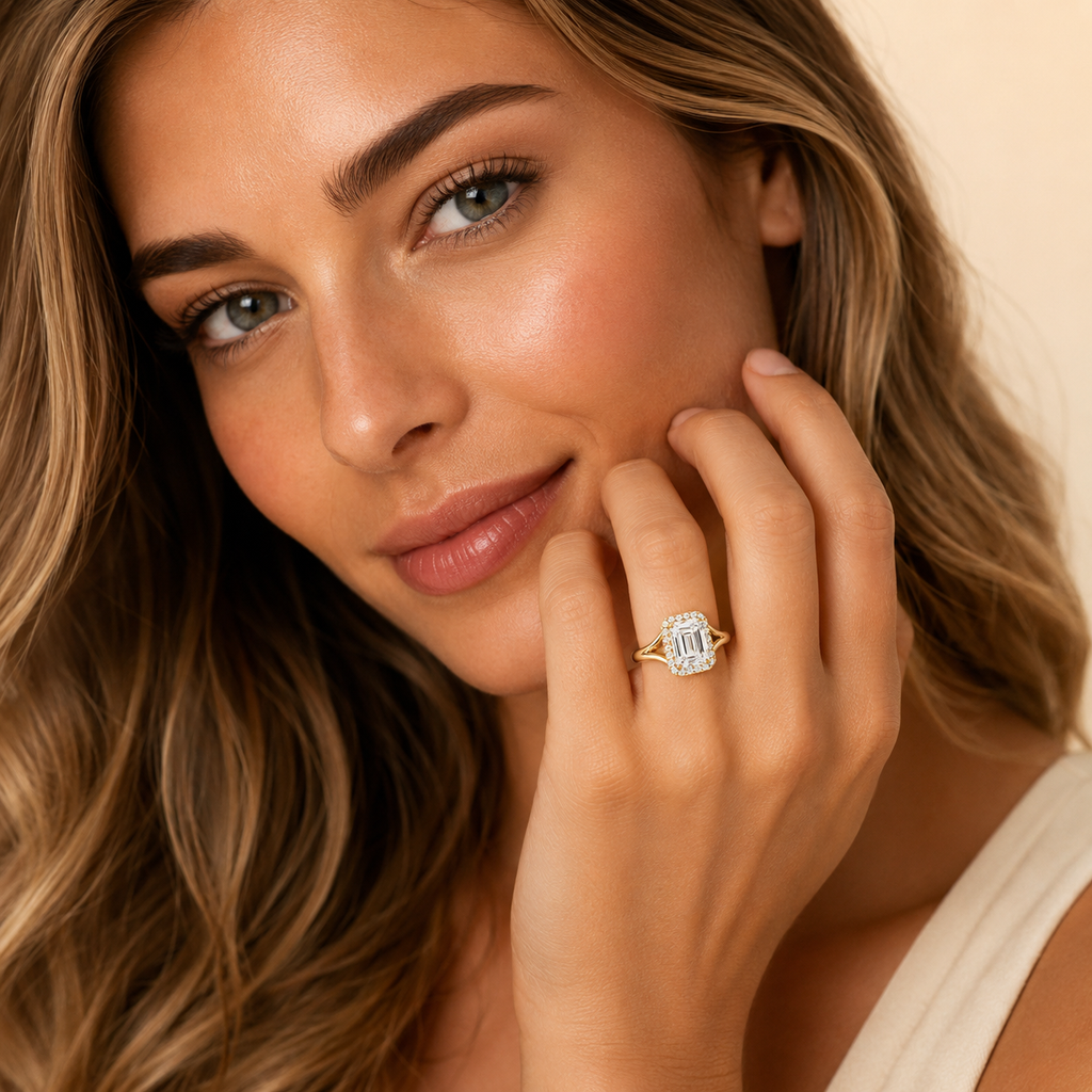 Woman wearing a diamond ring on her hand with a neutral background