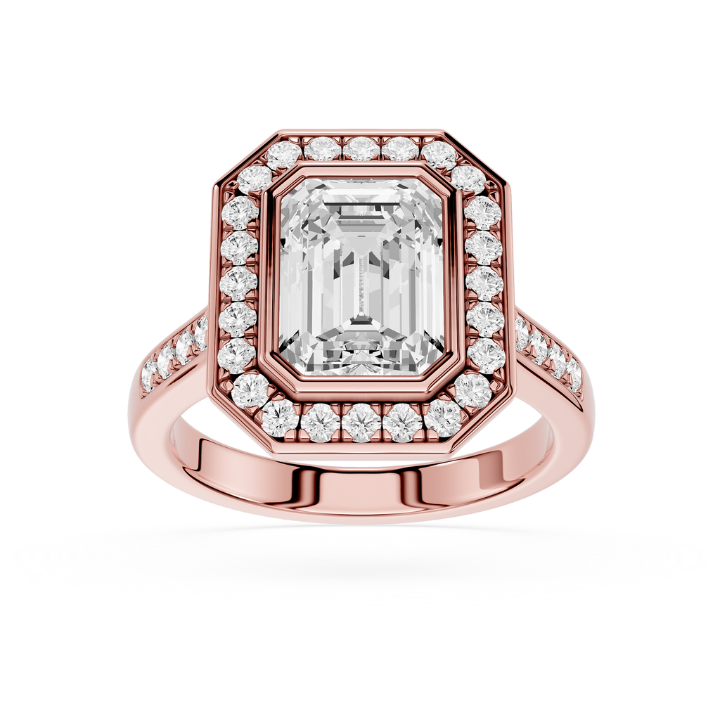 Rose gold ring with a large diamond and smaller diamonds around on a white background