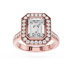 Rose gold ring with a large diamond and smaller diamonds around on a white background
