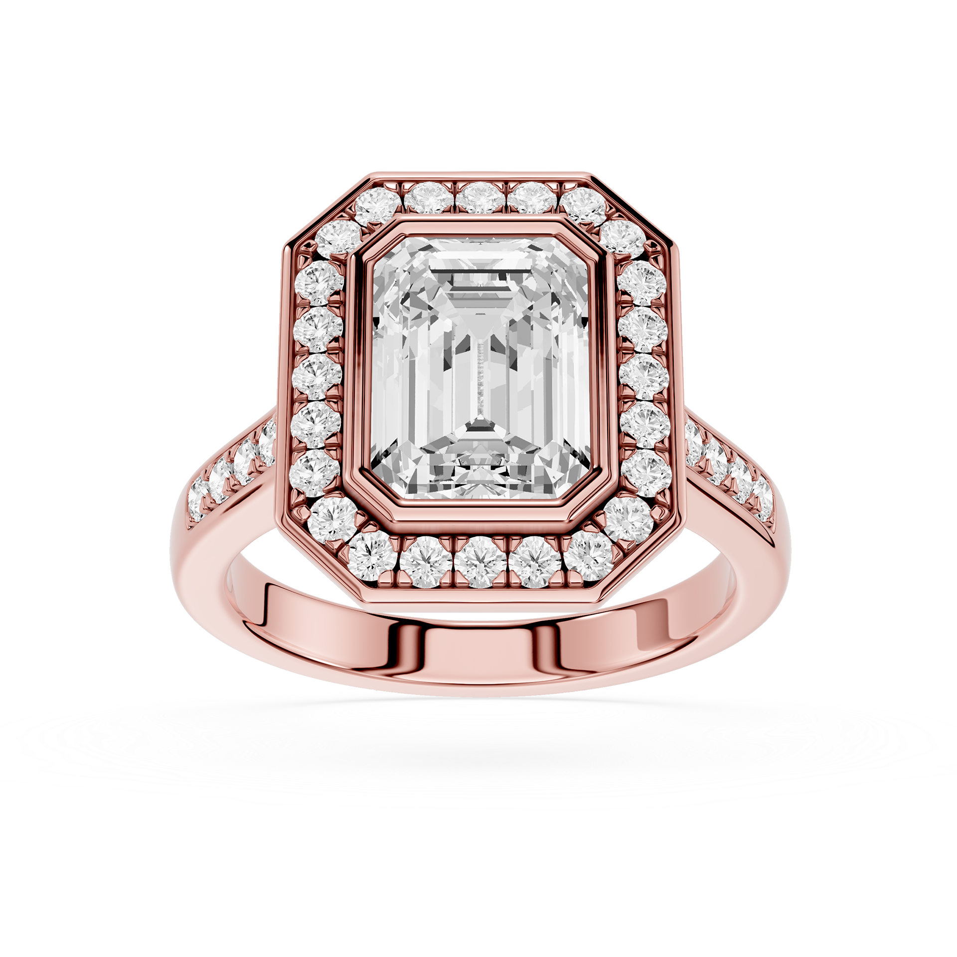 Rose gold ring with a large diamond and smaller diamonds around on a white background