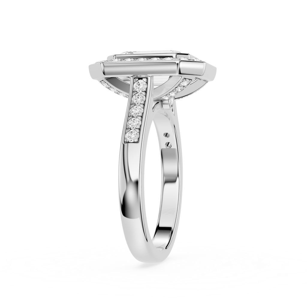 Silver ring with diamond accents on a white background