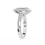 Silver ring with diamond accents on a white background