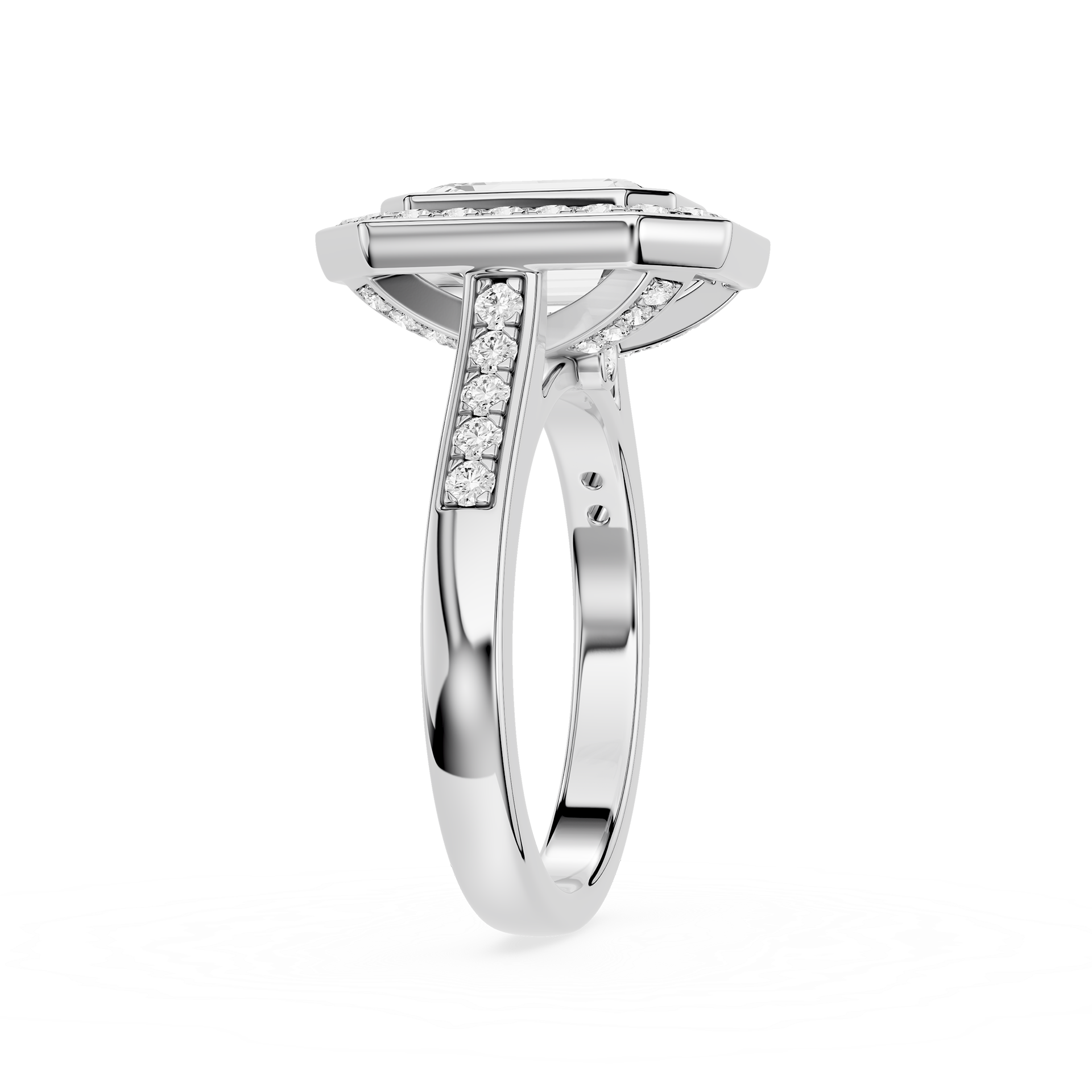 Silver ring with diamond accents on a white background