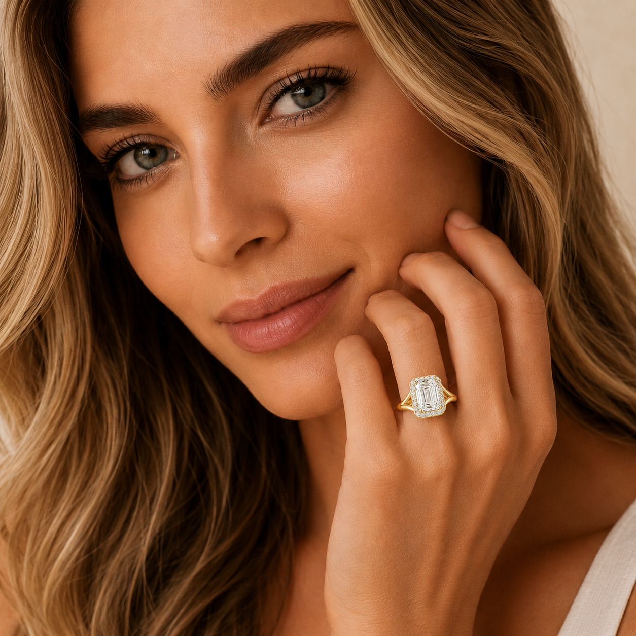 Woman wearing a gold ring with a diamond, posing with hand near face.