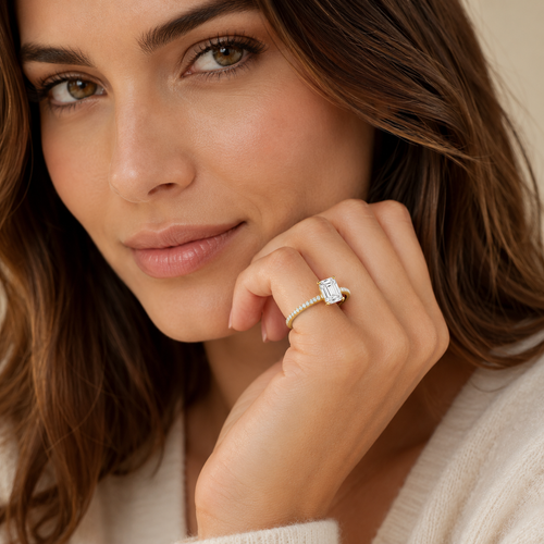 Close-up of a woman wearing a diamond ring on her finger
