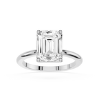 Diamond ring with emerald-cut diamond on a white background