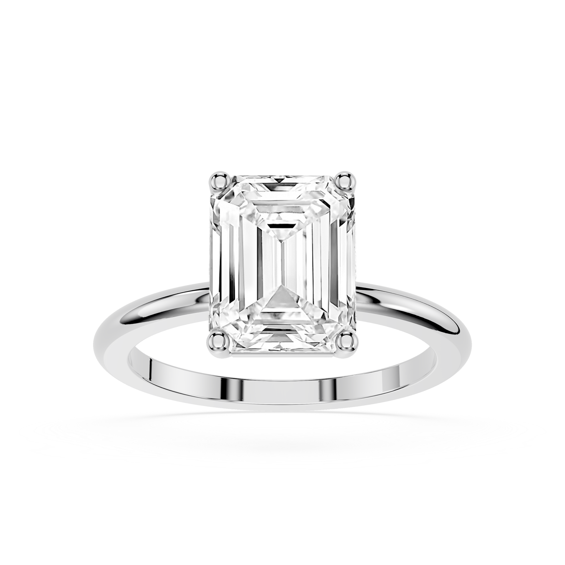 Diamond ring with emerald-cut diamond on a white background